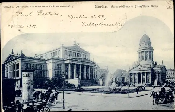 Ak Berlin Mitte, Schauspielhaus, Französische Kirche, Springbrunnen, Kutschen