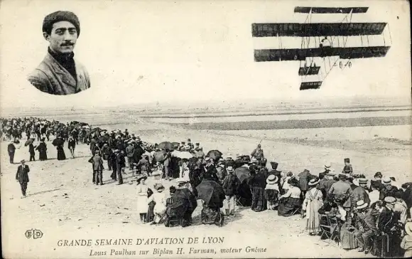 Ak Great Lyon Aviation Week, Louis Paulhan auf H. Farman Doppeldecker