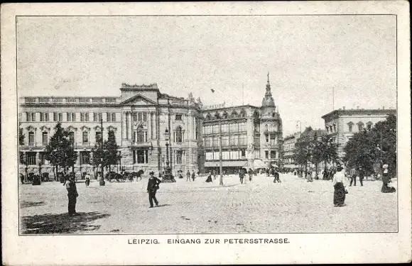 Ak Leipzig in Sachsen, Eingang zur Petersstraße, Pferdekutsche, Personen