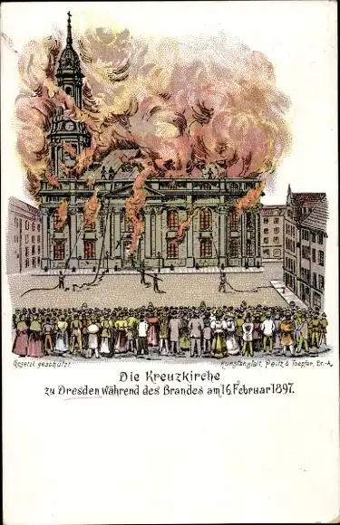 Litho Dresden Zentrum Altstadt, Kreuzkirche während Brand 16.02.1897