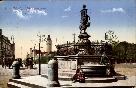 Ak Leipzig, Kinder am Mägdebrunnen