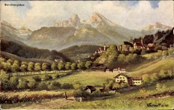 Künstler Ak Meier, Werner, Berchtesgaden in Oberbayern, Ansicht vom Ort mit Umgebung