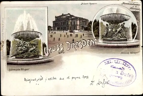 Litho Dresden Neustadt, Albertplatz, Monumentalbrunnen, Albert-Theater