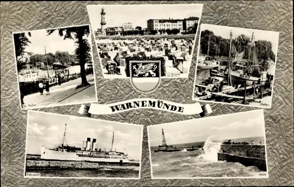 Ak Ostseebad Warnemünde Rostock, Wappen, Strand, Fährschiff, Mole, Hafen