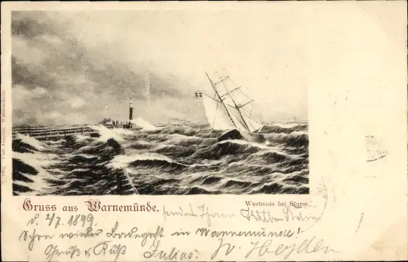 Künstler Ak Ostseebad Warnemünde Rostock, Westmole bei Sturm, Segelschiff
