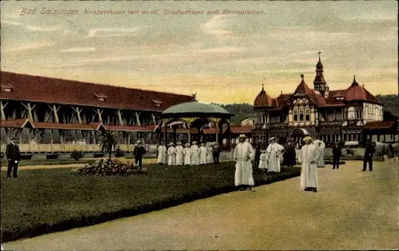 Ak Bad Salzungen im Wartburgkreis, Konzerthaus mit westlichen Gradierhaus und Restauration