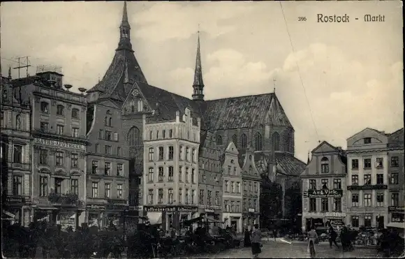 Ak Hansestadt Rostock, Markt, Raths-Apotheke, Kaffeegeschäft, Marienkirche