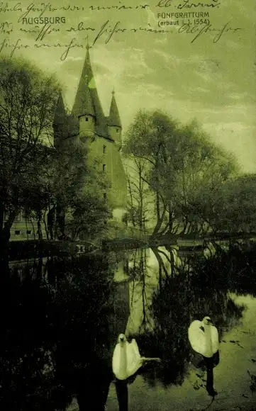 Ak Augsburg in Schwaben, Fünfgratturm, Schwäne