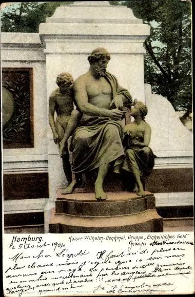 Ak Hamburg Mitte Neustadt, Kaiser Wilhelm Denkmal, Gruppe Einheitliches Geld