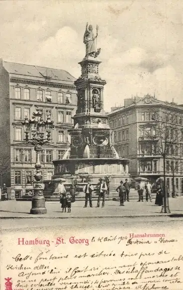 Ak Hamburg Mitte St. Georg, Hansabrunnen, Passanten