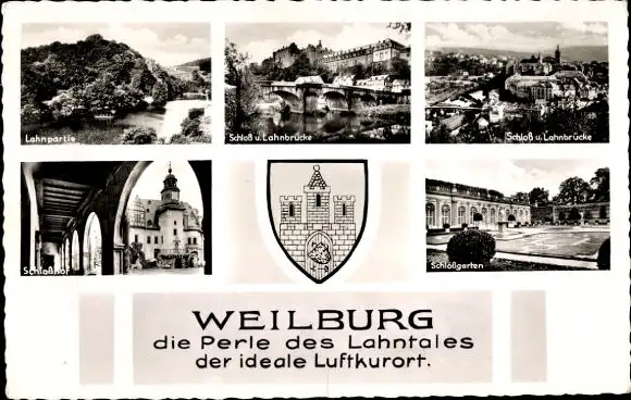 Ak Weilburg an der Lahn Hessen, Lahnpartie, Schloss und Lahnbrücke, Schlosshof, Wappen