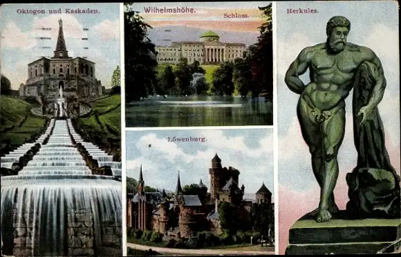 Ak Bad Wilhelmshöhe Kassel in Hessen, Oktogon, Kaskaden, Schloss, Herkules, Löwenburg