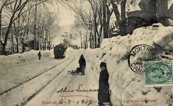 Ak Montreal Québec Kanada, Guy Street im Winter, Straßenbahn