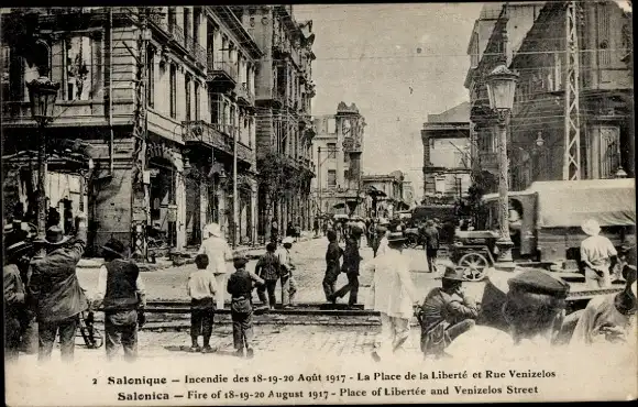 Ak Saloniki Thessaloniki Griechenland, Feuer 1917, Freiheitsplatz, Venizelos-Straße