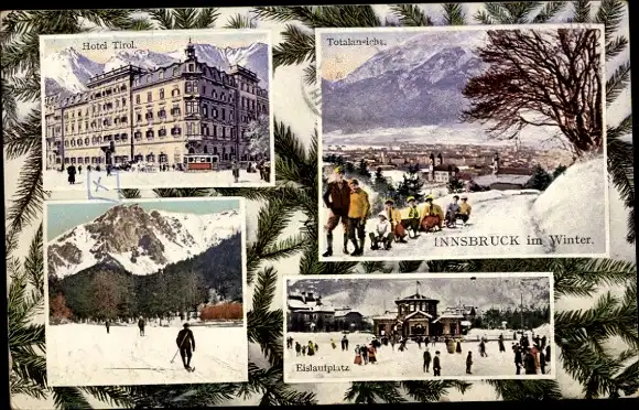 Ak Innsbruck in Tirol, Hotel Tirol, Totalansicht, Winterszenen, Eislaufplatz