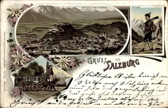 Litho Salzburg in Österreich, Panorama vom Ort, Wanderer, Arbeitshund, Edelweiß, Milchhandel