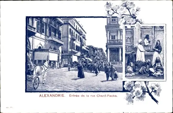 Ak Alexandria Ägypten, Eingang von der Cherif Pasha Street, Straßenpartie