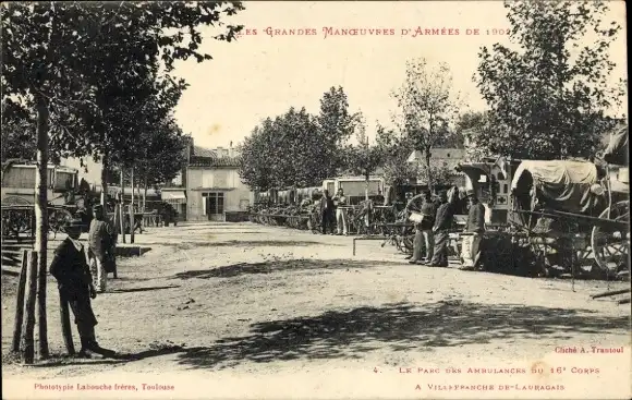 Ak Villefranche de Lauragais Haute Garonne, le Parc des Ambulances du 16° Corps, 1902