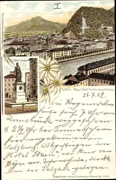 Litho Salzburg in Österreich, Gesamtansicht, Mozart Denkmal