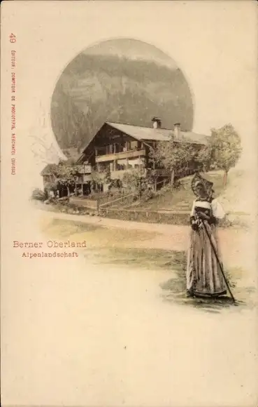 Litho Berner Oberland Kanton Bern Schweiz, Alpenlandschaft, Frau in Tracht, Wohnhaus