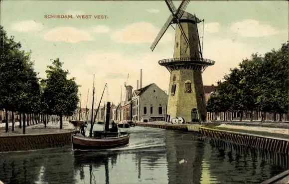 Ak Schiedam Südholland Niederlande, Westwest, Mühle, Boot