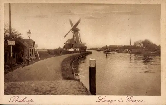 Ak Boskoop Alphen aan den Rijn Südholland Niederlande, entlang der Gouwe, Windmühle