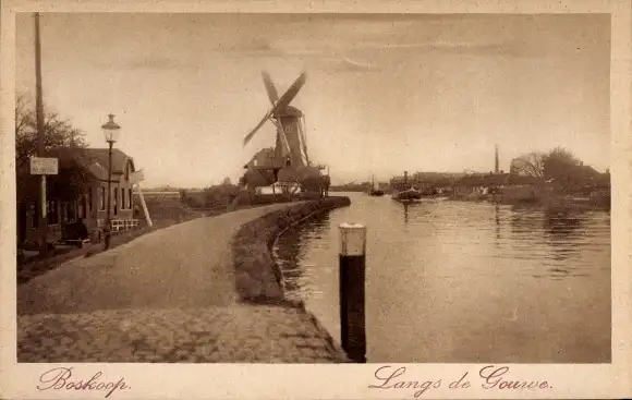 Ak Boskoop Alphen aan den Rijn Südholland Niederlande, entlang der Gouwe, Windmühle