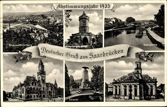 Ak Saarbrücken Saarland, Blick vom Winterberg, Winterbergdenkmal, Rathaus, Ehrental, Ludwigskirche