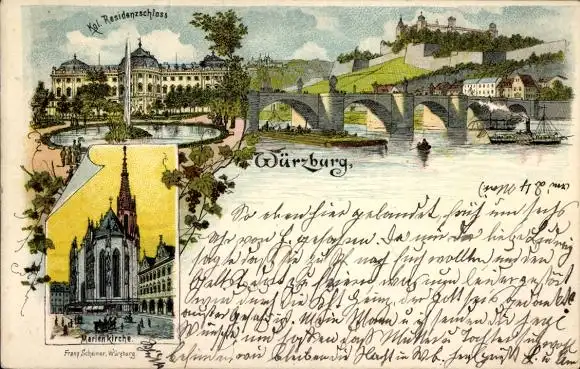 Litho Würzburg am Main Unterfranken, Residenzschloss, Marienkirche