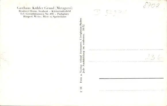 Ak Kleinrinderfeld in Unterfranken, Gasthaus Kühler Grund, Metzgerei