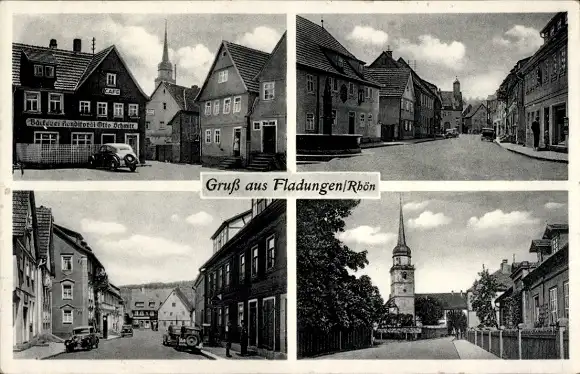 Ak Fladungen in der Rhön Unterfranken, Straßenpartie, Kirche, Bäckerei