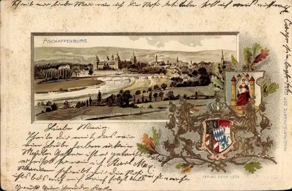 Wappen Präge Passepartout Litho Aschaffenburg in Unterfranken Bayern, Gesamtansicht