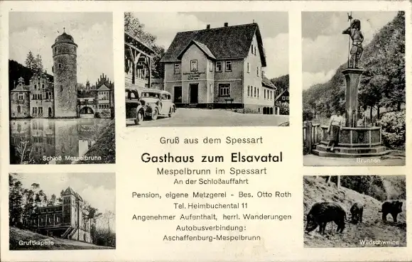 Ak Mespelbrunn im Spessart Unterfranken, Schloss Mespelbrunn, Gasthaus zum Elsavatal, Brunnen
