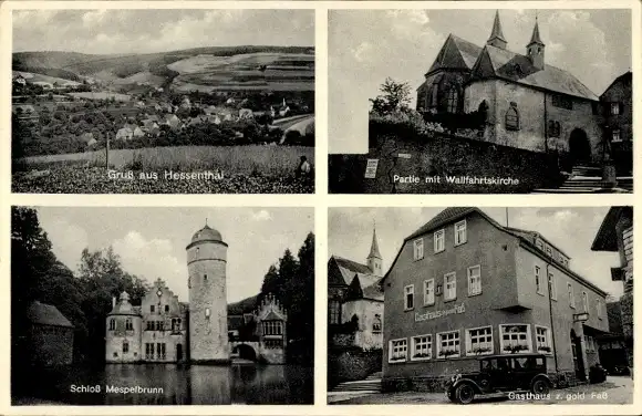 Ak Hessenthal Mespelbrunn im Spessart, Wallfahrtskirche, Schloss Mespelbrunn, Gasthaus zum Faß