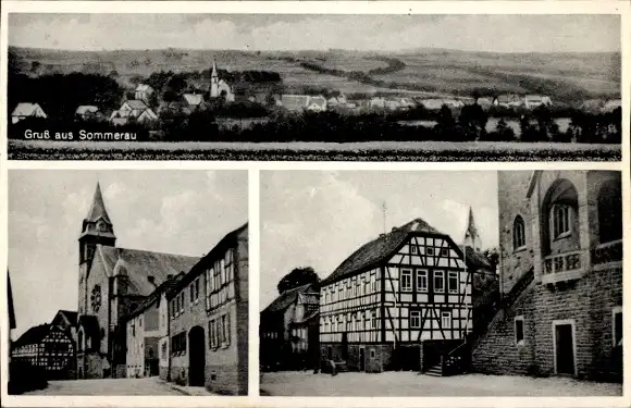 Ak Sommerau Eschau im Spessart, Gesamtansicht, Kirche, Fachwerkhaus