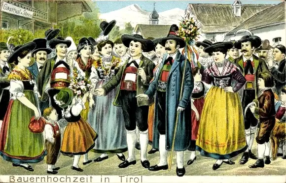 Präge Ak Bauernhochzeit in Tirol, Tiroler Tracht, Brautpaar