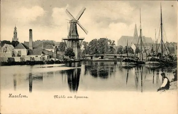 Ak Haarlem Nordholland Niederlande, Mühle am Spaarne