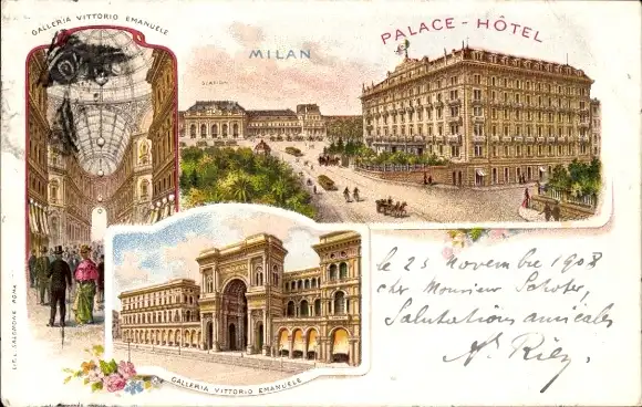 Litho Milano Mailand Lombardia, Palace Hotel, Galleria Vittorio Emanuele, Station