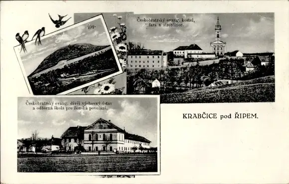 Ak Krabčice Region Aussig, Gesamtansicht, Schule, Kirche