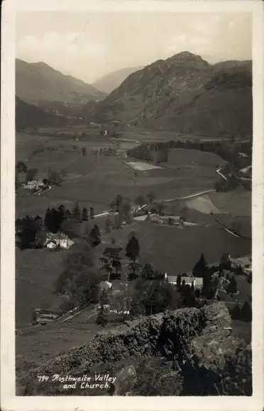 Ak Rosthwaite Cumbria England, Valley, Kirche