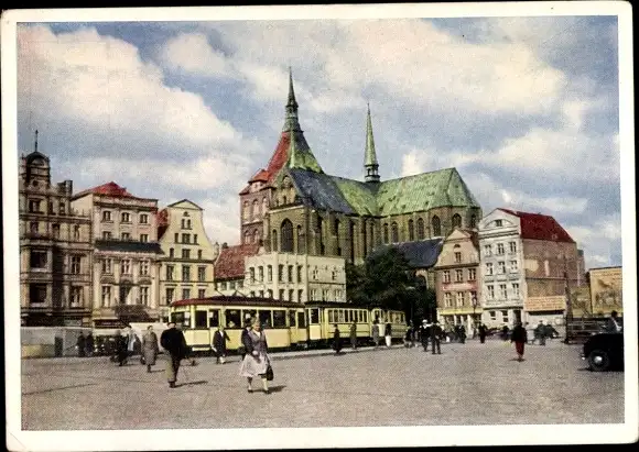 Ak Hansestadt Rostock, Markt, Marienkirche, Straßenbahn