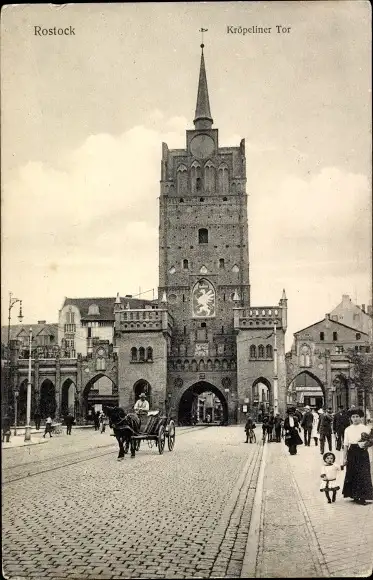 Ak Hansestadt Rostock, Kröpeliner Tor, Pferdewagen