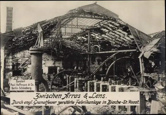 Riesen Ak Biache St Vaast Pas de Calais, Kriegszerstörungen, I. WK, Engl. Granatfeuer, Fabrikanlage