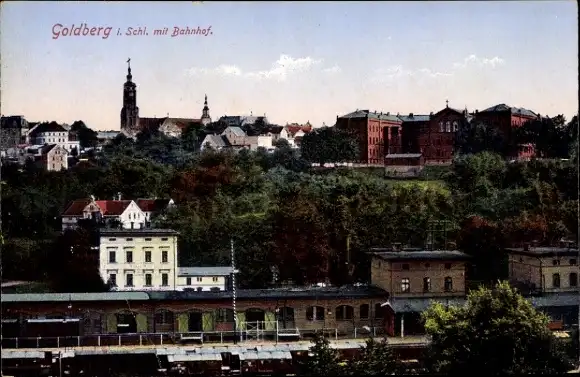 Ak Złotoryja Goldberg Schlesien, Teilansicht, Bahnhof