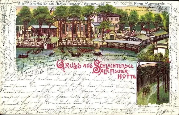 Litho Berlin Zehlendorf, Alte Fischerhütte am Schlachtensee, Bes. Herm. Marquardt