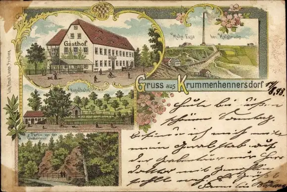 Litho Krummenhennersdorf Halsbrücke in Sachsen, Gasthof, Grabentour, Kegelbahn