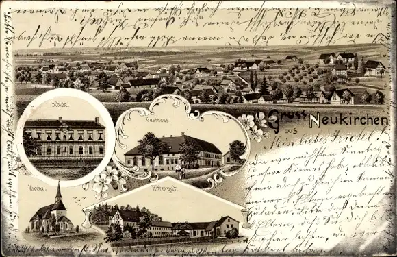 Litho Neukirchen Reinsberg in Sachsen, Schule, Gasthaus, Rittergut, Kirche