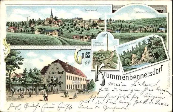 Litho Krummenhennersdorf Halsbrücke in Sachsen, Gasthof, Hohe Esse, Halsbrücke