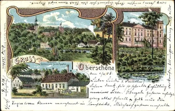 Litho Oberschöna in Sachsen, Schloss, Brauerei und Restaurant Gute Quelle