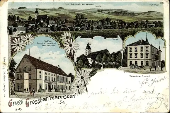 Litho Großhartmannsdorf im Erzgebirge, Kirche, Kaiserliches Postamt, Gasthof